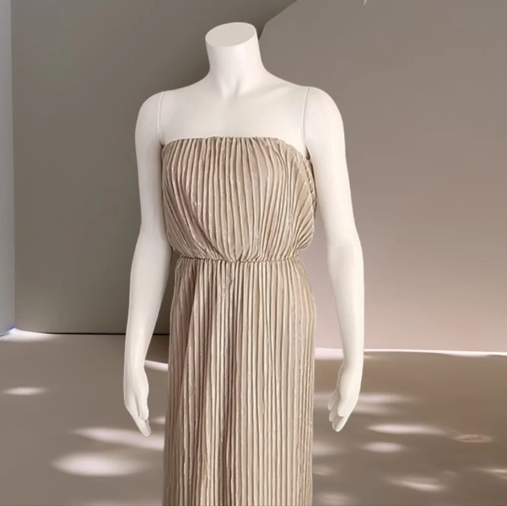 THE LIMITED Champagne Maxi Dress XS Shimmer Tube Top Strapless All Over Pleated